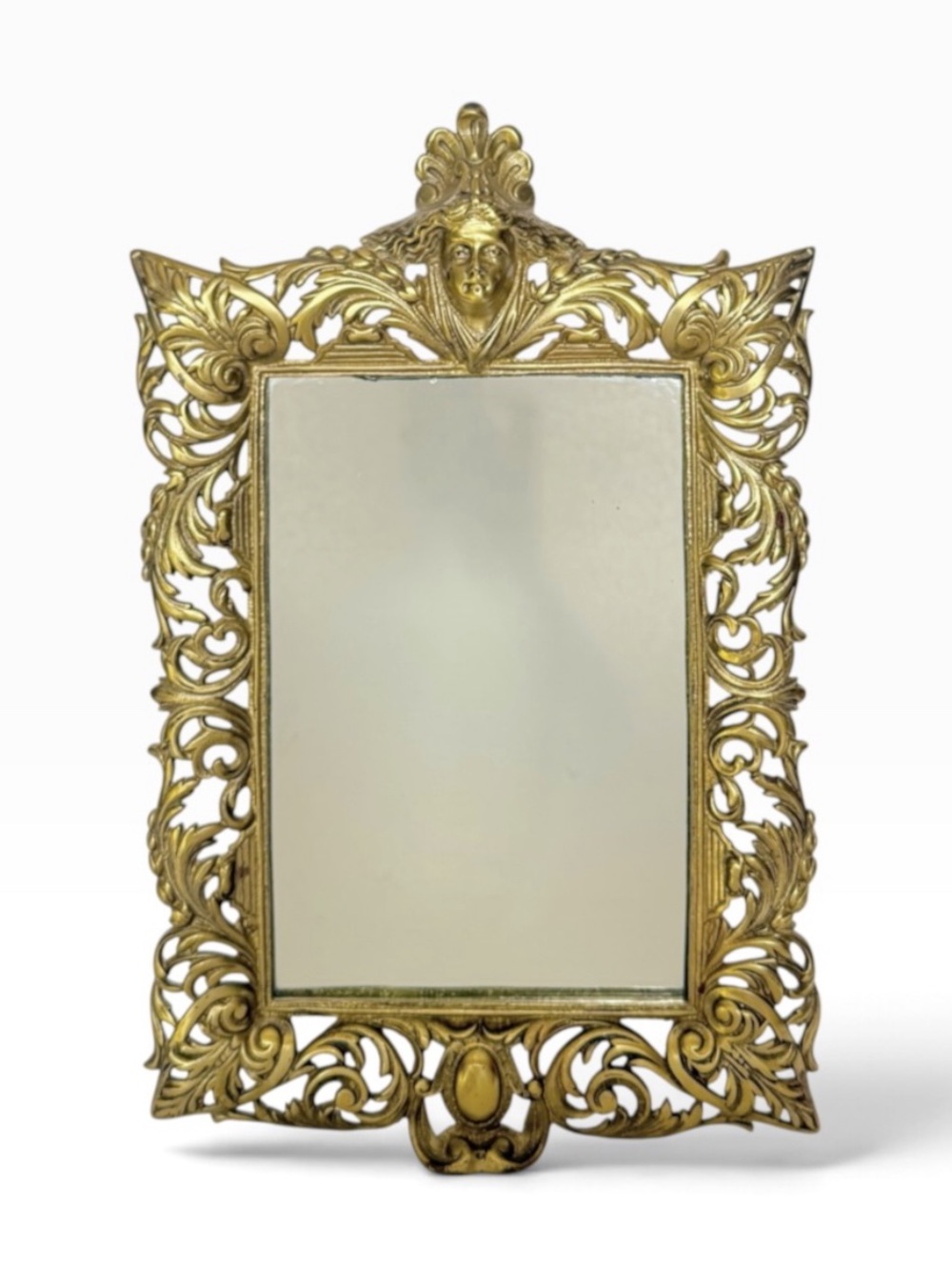 Vintage Brass Art Nouveau Style Scroll Woman Tabletop Vanity Mirror 20th Century